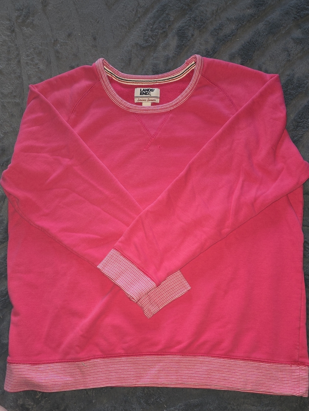 Lands' End Bright Pink Women's Crewneck Sweater with Striped Trim